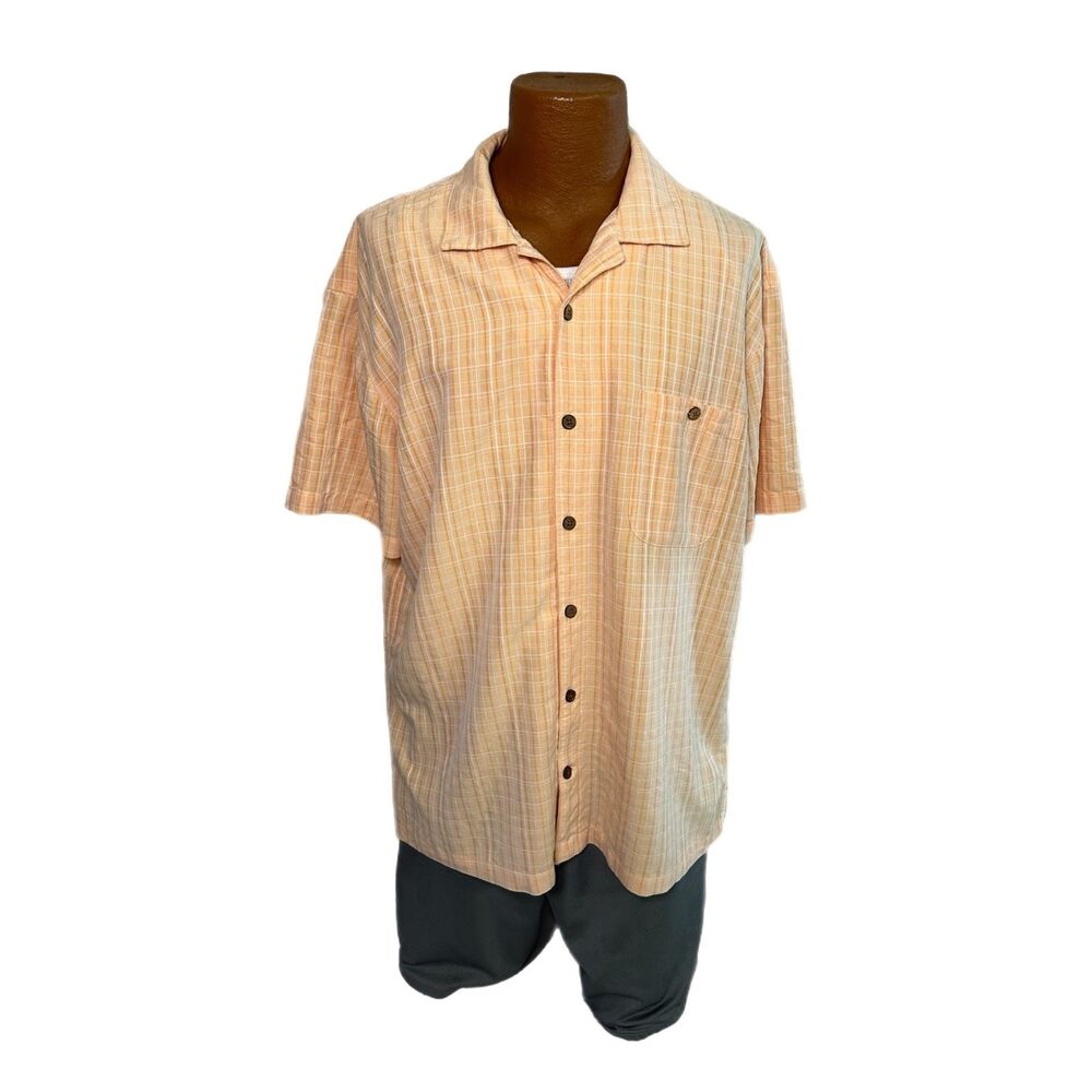 C22 Island Shores Peach Plaid Short-Sleeve Button Down Shirt, XL